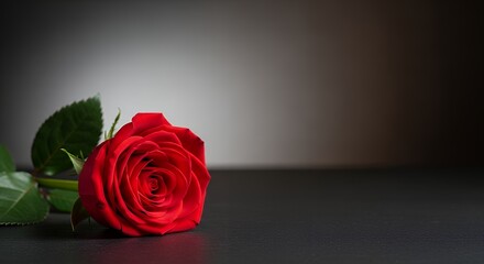 Close up of a Beautiful Red Rose with Green Leaves on a Dark Surface