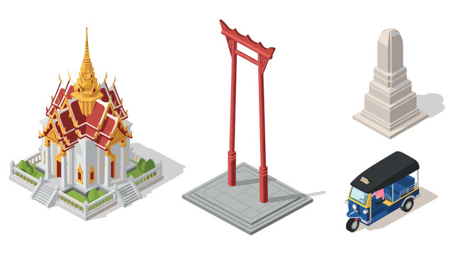 Isometric thai temple and iconic landmarks in bangkok