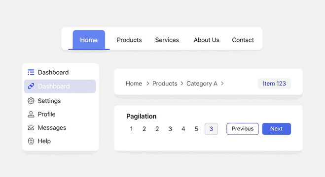 Modern UI elements: navigation, dashboard, pagination, breadcrumbs