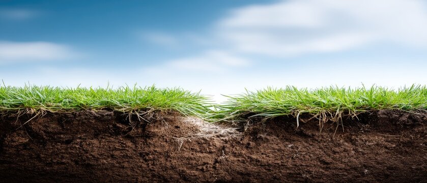 Cross-section of soil showing grass and dirt with blue sky background, highlighting layers of earth at ground level