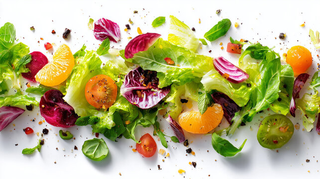 Vibrant top-down view of a fresh spring salad featuring crisp green lettuce, purple radicchio, cherry tomatoes, and juicy mandarin oranges scattered on a clean white background.
