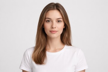 Obraz premium Studio portrait of a young woman with natural makeup and long brown hair wearing a white t-shirt, facing camera on a clean light background