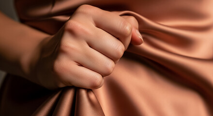 Tactile Luxury: Human Hand Grasping Soft Satin Fabric Texture