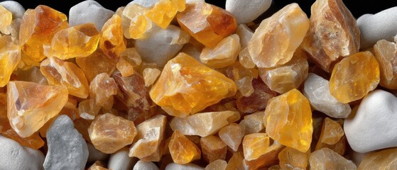 Close view of amber sugar crystals on gray stones showing rich colors and details from above in a natural setting