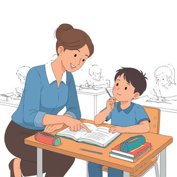 A teacher helps a student with a lesson in a classroom setting