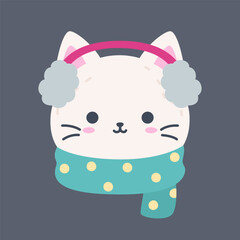 Cute Winter Cat Head Illustration with Earmuffs and Scarf
