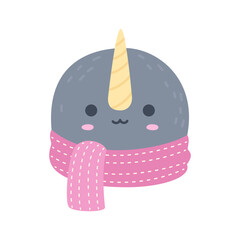 Cute Winter Narwhal Head with Scarf Vector