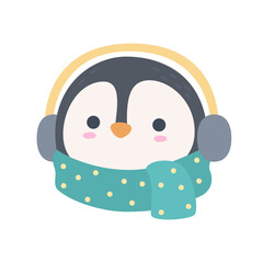 Cute Winter Penguin Head with Scarf and Earmuffs Vector