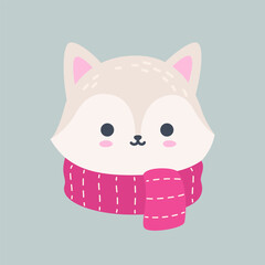 Cute Arctic Fox Head with Scarf Winter Vector