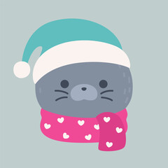 Cute Winter Sea Lion Head Wearing Hat and Scarf Vector