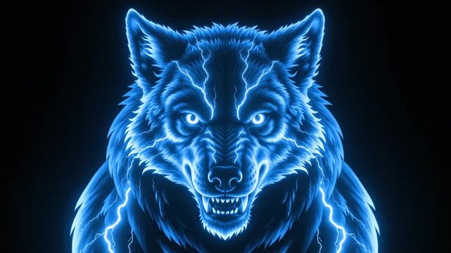 Electric neon blue wolf head with glowing outline and aggressive expression artwork.