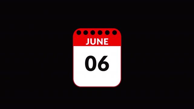 June month Calendar animation video. Flipping pages animated through days by days of the entire month with black background. Calendar animation of june month. New year calender.
