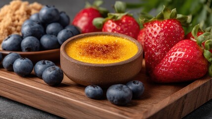 Crisp svg image shows crme brle in a brown bowl with sugar topping surrounded by strawberries and blueberries on a rustic wooden board with natural lighting
