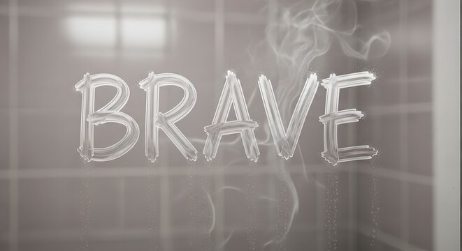 Motivational word BRAVE on glass.
