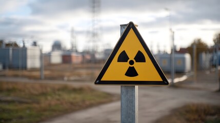 Radiation hazard warning sign in front of an industrial complex under a cloudy sky