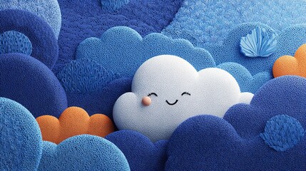 Smiling Cloudscape: A whimsical vista of a smiling cloud amidst a vibrant, textured skyscape, a serene embodiment of happiness.