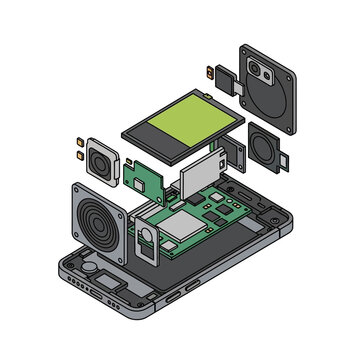 Smartphone exploded view illustration showing internal components and circuit board.