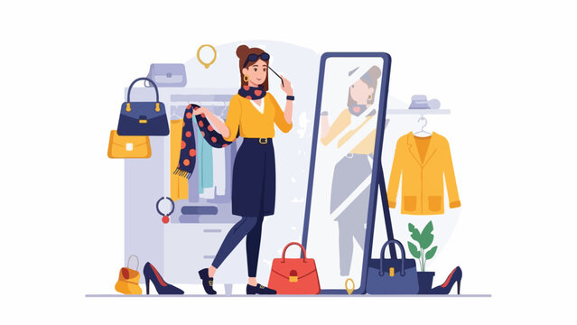 A woman is trying on clothing in front of a mirror in a store