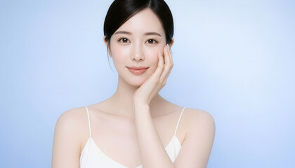 淡いブルー背景で頬に手を添えながら正面を向くナチュラルメイクの若い日本人女性のスキンケアビューティーポートレート、AI生成画像