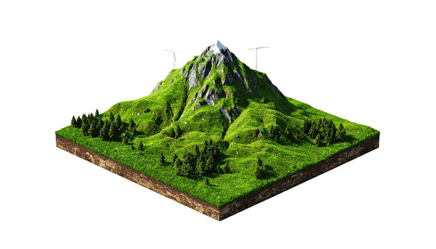 Isometric view of a mountain with trees, grass, and a snowy peak