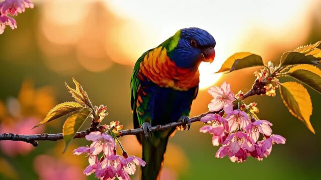 A vibrant tropical parrot feeding on colorful flowers in warm natural sunlight. The bird displays bright feathers with rich red, green, blue, and yellow tones.
