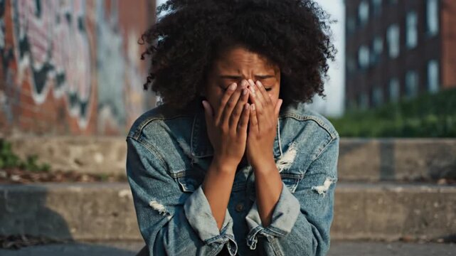Distressed young Black woman covering face sitting on urban stairs