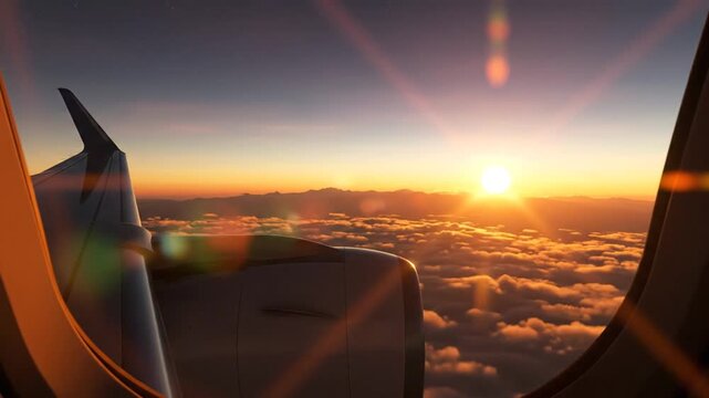 Sunset over clouds from airplane window with wingtip and bright horizon view during flight descent.