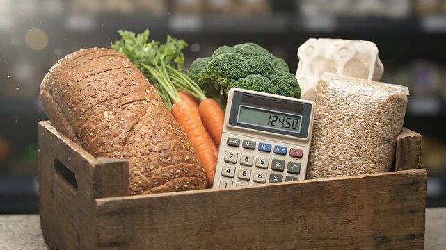Groceries in crate with calculator, price rising