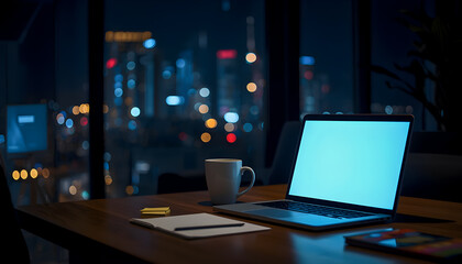 Naklejka premium Startup workspace at night with laptop glowing screen and city lights