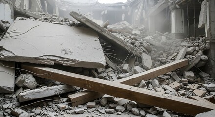 Building Collapse Disaster Scene with Heavy Rubble, Earthquake Destruction Aftermath, Urban Ruins, Emergency Crisis Concept, Structural Failure Background
