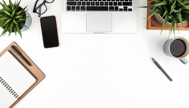 Top view flat lay of modern startup workspace desk with copy space