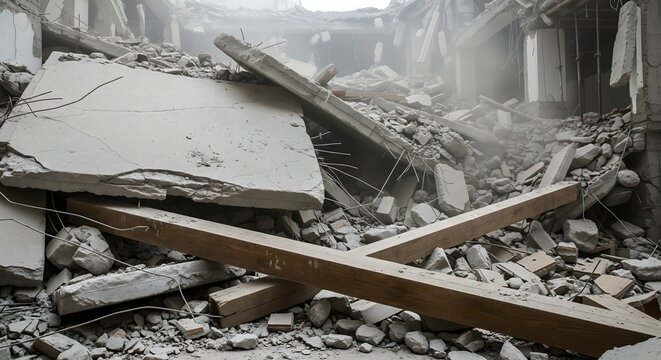 Building Collapse Disaster Scene with Heavy Rubble, Earthquake Destruction Aftermath, Urban Ruins, Emergency Crisis Concept, Structural Failure Background