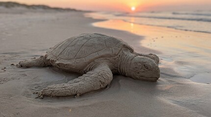 Realistic Sand Sculpture of Sea Turtle on Sandy Beach