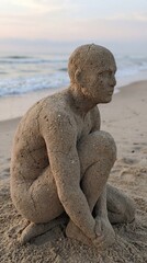 Realistic Human Figure Sand Sculpture on Quiet Beach
