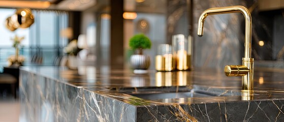 Obraz premium Modern black and gold kitchen featuring a granite sink, golden faucet, and candles, showcasing stylish interior design in luxury home decor