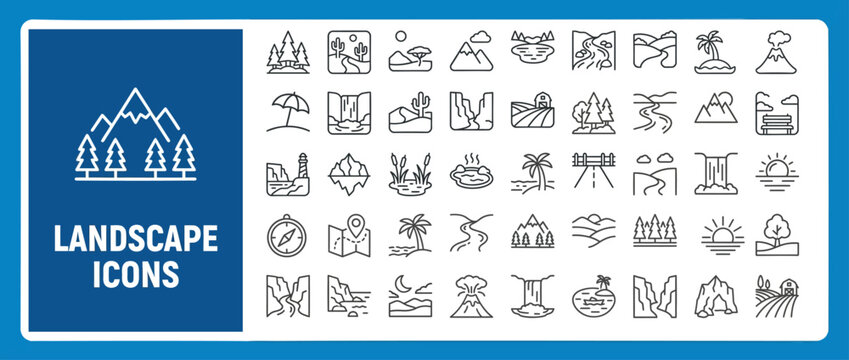 Landscape and Nature Scene Outline Vector Icon Set &mdash; Editable Stroke Line Icons for Web and App UI