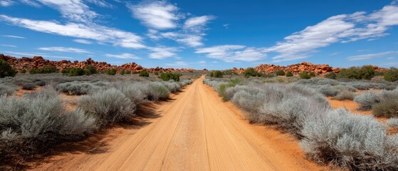 Obraz premium Dirt road leading to red rock formations in Monument Valley on a sunny day with clear blue sky