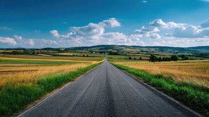 Fototapeta premium Open Road and Endless Horizon: A picturesque open road stretches towards the horizon under a vast, cloud-filled sky, inviting a sense of adventure and journey.