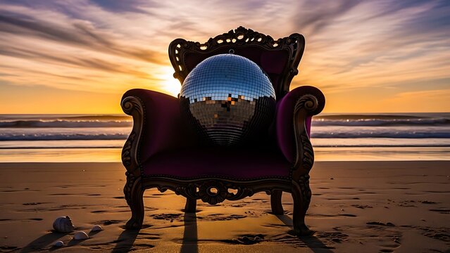 Disco ball on beach chair at sunset