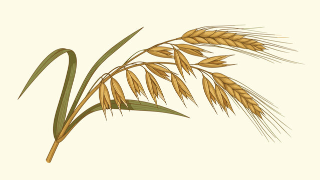 Single stalk of ripe golden wheat or oats with long awns and green leaves isolated on a light cream background for agriculture.