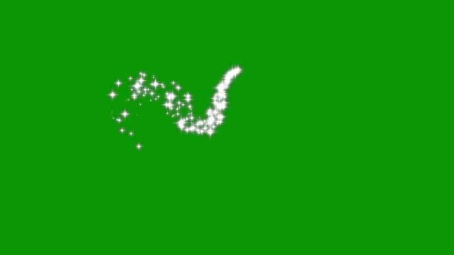 4k glitter sparkles line trail, white cartoon blinking stars, fast line glitter motion, flat vector doodle sparkle, glowing light trails, 2D shining twinkle effect on green screen background.