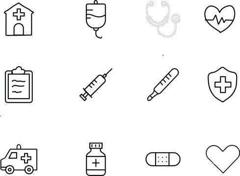 Science and medical research icons set, microscope, DNA, test tube, syringe, pill, hospital, stethoscope, brain, report, chart, magnifying glass, atom, icone set