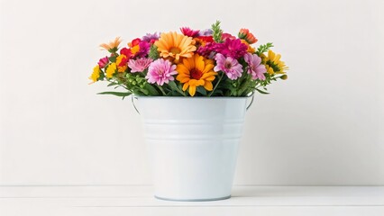 Fototapeta premium Vibrant flowers in a white metal bucket on a white table