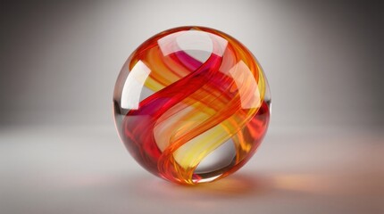 Glass marble sphere with internal red and yellow swirl patterns on soft grey background