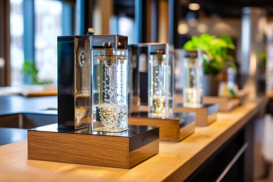 Transparent water flow meters on a testing bench in a modern city environment