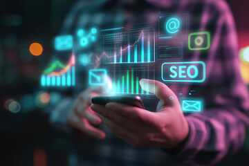 Fototapeta premium A futuristic digital marketing, business and technology concept. Holographic graphs and glowing icons floating around a person holding smartphone, digital interface with SEO, email, analytics symbol