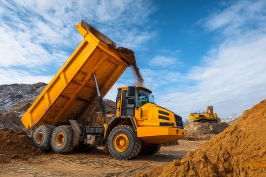 Heavy Dump Truck Unloading Soil While Equipment Waits in Background Under Clear Blue Sky