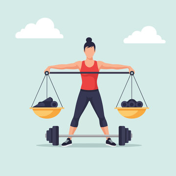 A woman balancing objects in scales while lifting a barbell