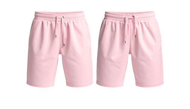 Two pastel pink shorts with drawstring waistbands, isolated on black