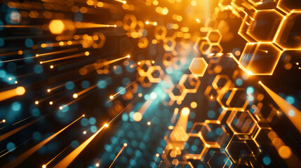 Naklejka na ściany i meble Dynamic abstract advanced technology composition, with hexagons and light beams